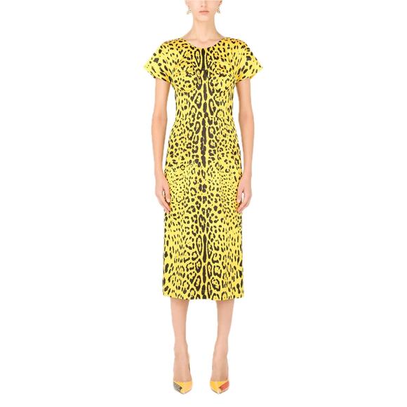 NWT Dolce & Gabbana Yellow Leopard-Print Midi Satin Dress 42 M - Picture 3 of 10